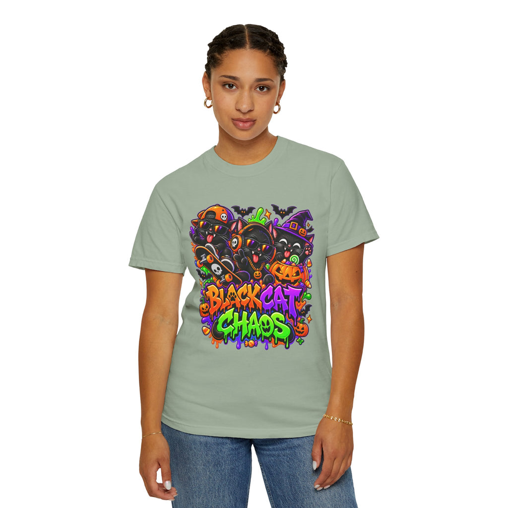 Neon Black Cat Halloween Chaos T-Shirt | Cute Spooky Cat Graphic Tee