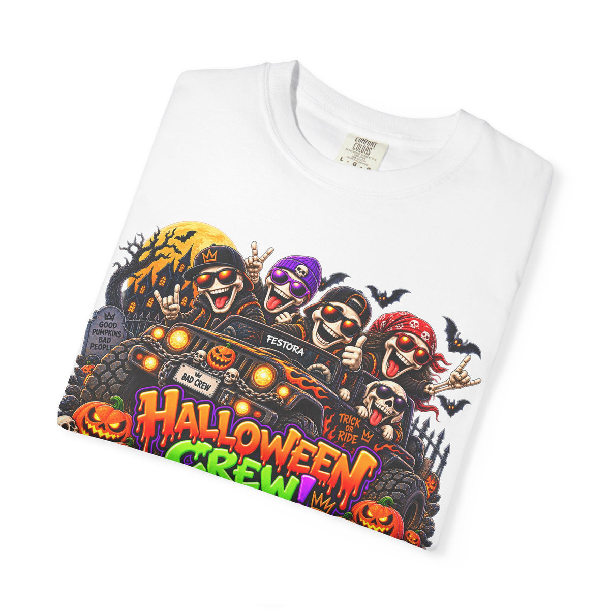 Halloween Crew T-Shirt – Skeleton Jeep Spooky Graphic Tee