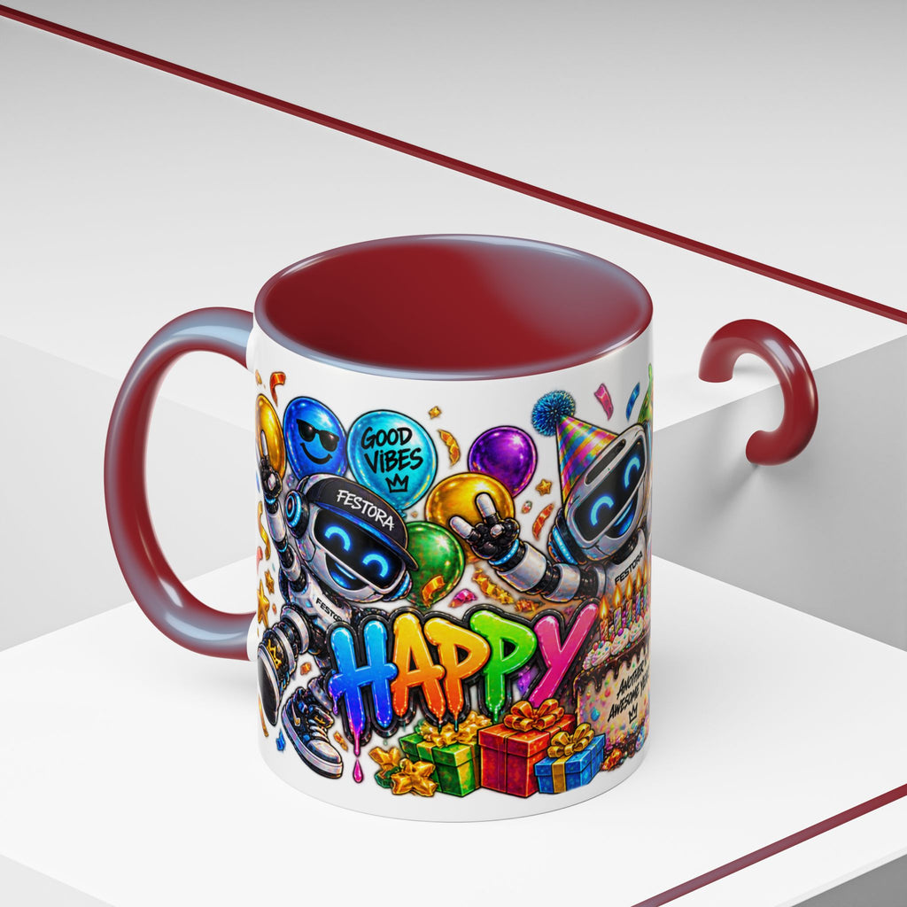 Birthday Robot Coffee Mug — Colorful Happy Birthday Accent Mug (11oz)