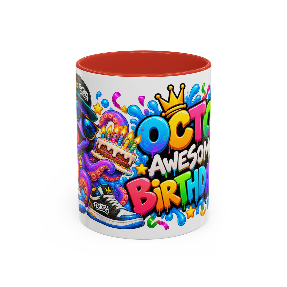 OCTO AWESOME BIRTHDAY! White Ceramic Mug – Funny Octopus Birthday Coffee Cup – Colorful Party Gift – Original FestoraShop Design