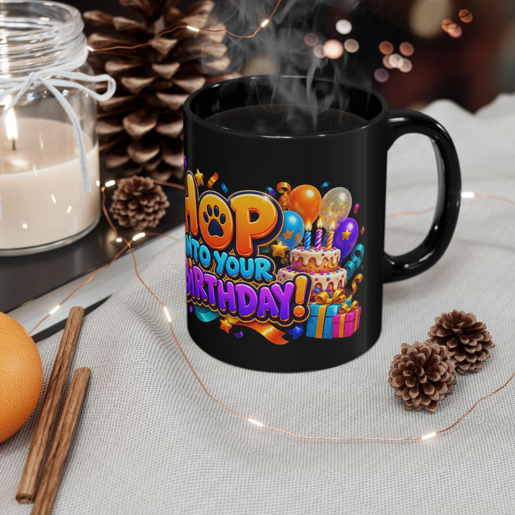 Hop Into Your Birthday Black Mug – Cute Kangaroo Birthday Cup, Colorful Party Gift