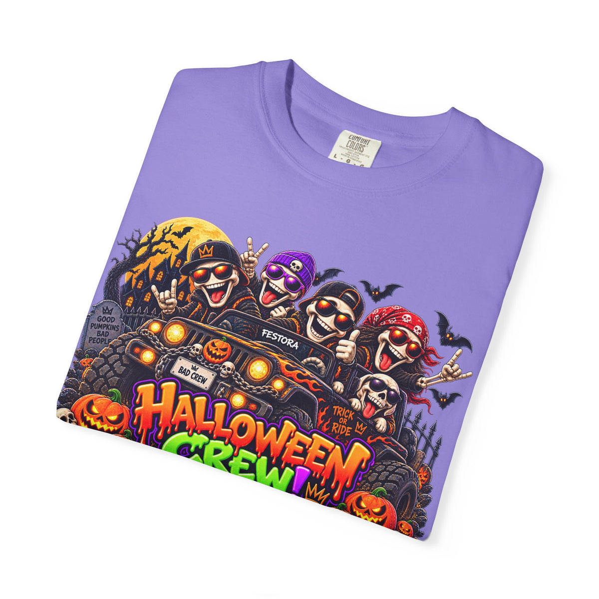 Halloween Crew T-Shirt – Skeleton Jeep Spooky Graphic Tee