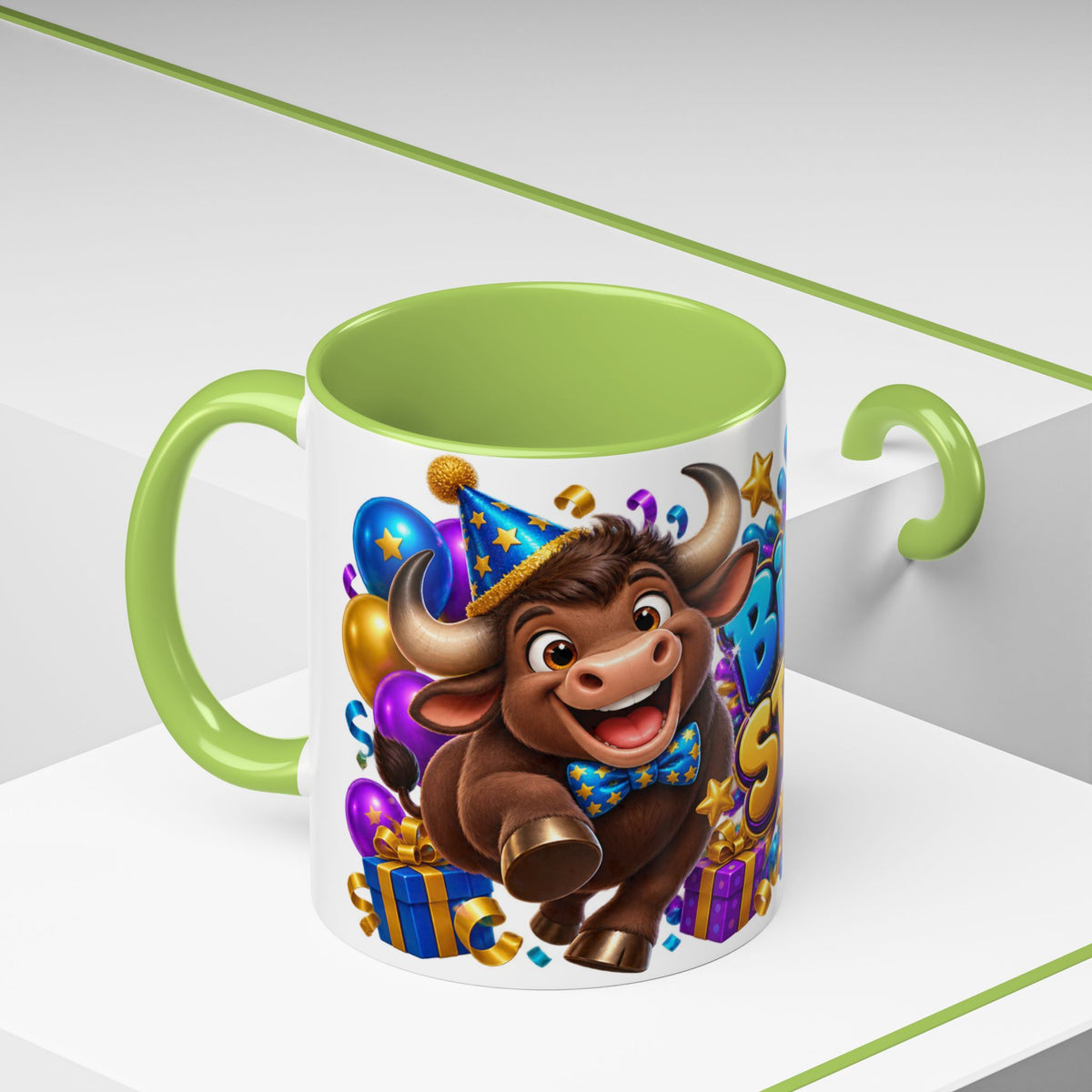 Birthday Stampede White Mug – Cute Buffalo Birthday Cup, Colorful Fun Party Gift