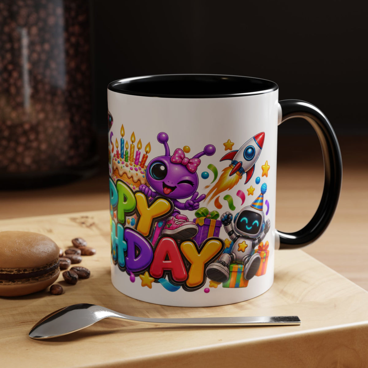 Happy Birthday Space Party Mug – Cute Aliens, Robots, UFO & Colorful 3D Birthday Design