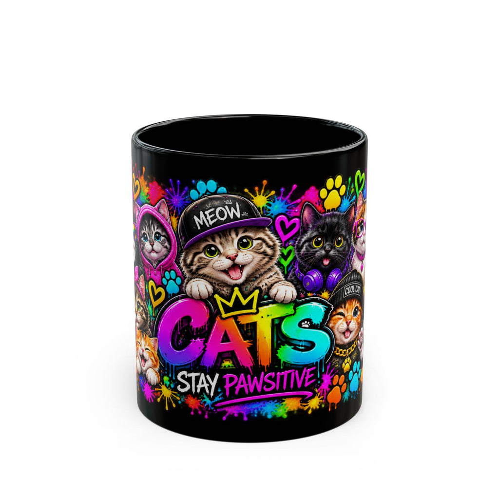 Cats Stay Pawsitive Black Mug – Colorful Cute Cat Coffee Cup (11oz)
