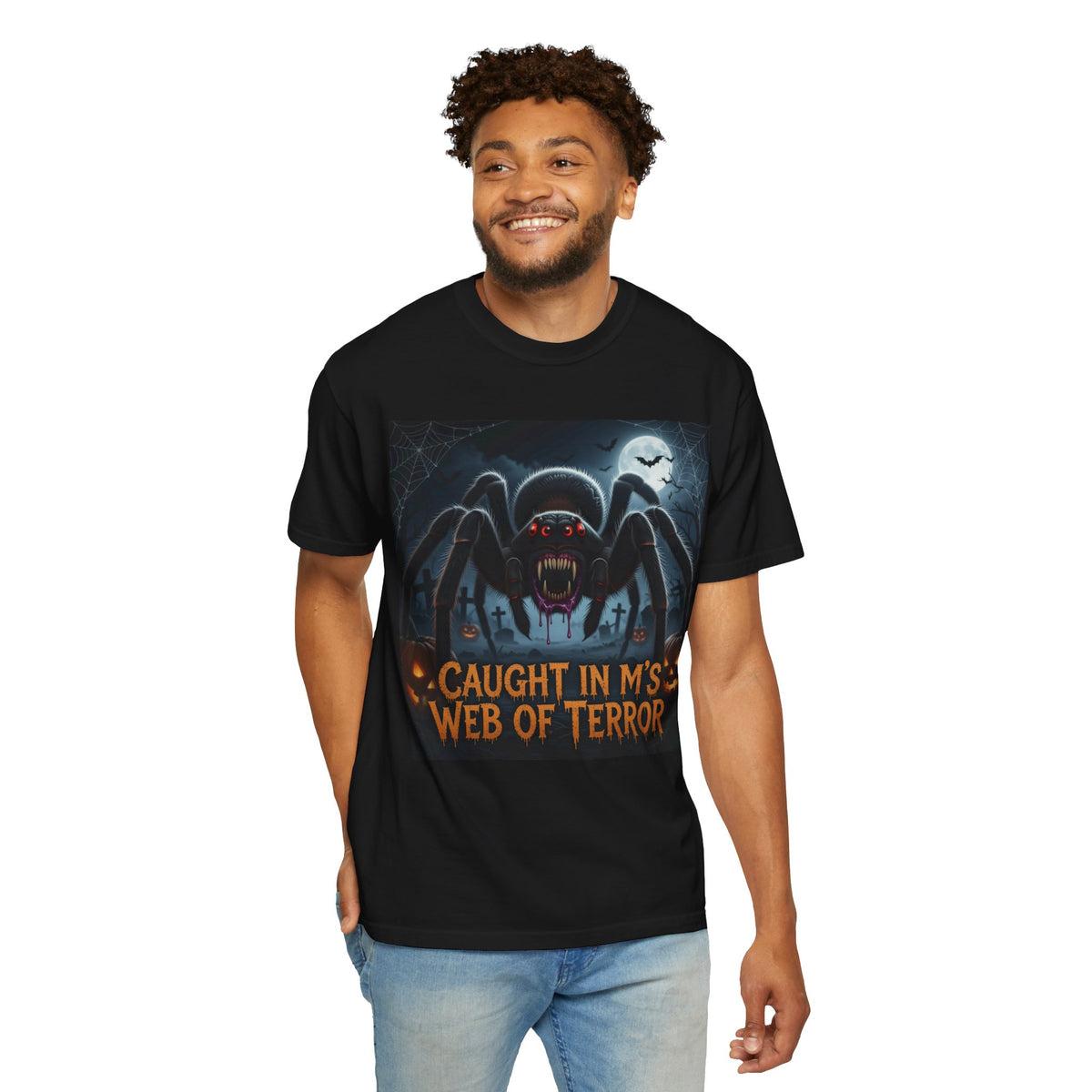 Spider Halloween T-Shirt — "Caught in M's Web of Terror" Horror Graphic Tee