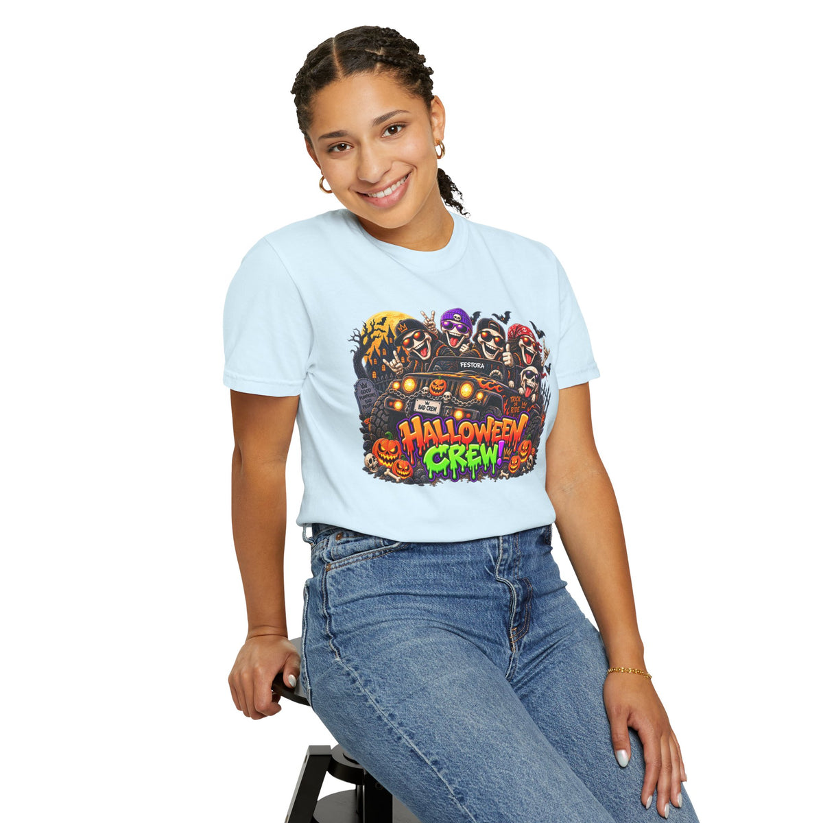 Halloween Crew T-Shirt – Skeleton Jeep Spooky Graphic Tee