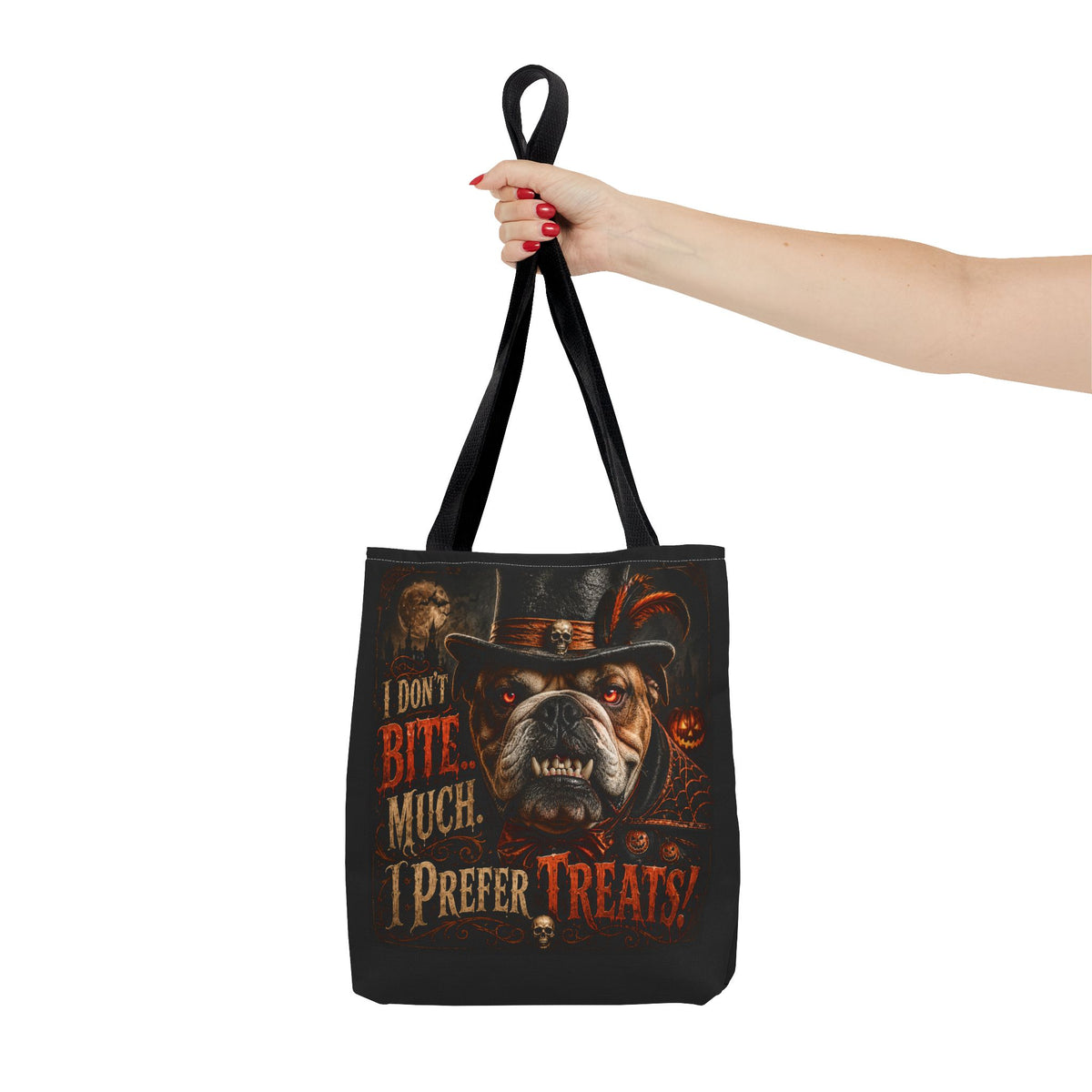Halloween Bulldog Tote Bag — "I Don't Bite Much, I Prefer Treats" Candy‑Lovers Reusable Bag