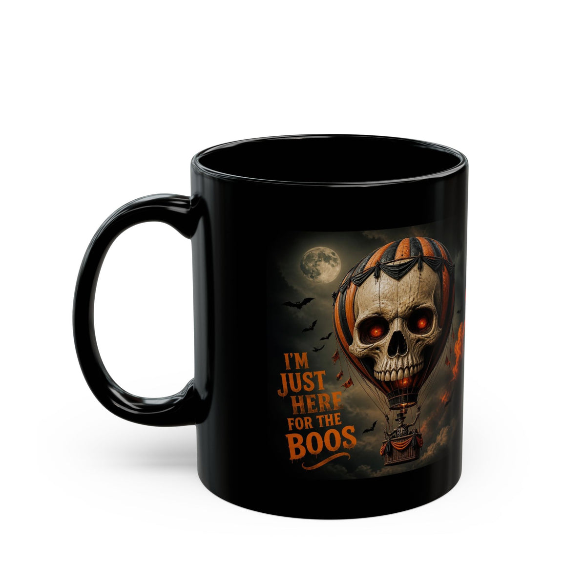 Halloween Skull Hot Air Balloon Mug — "I'm Just Here for the Boos" Black Coffee Cup