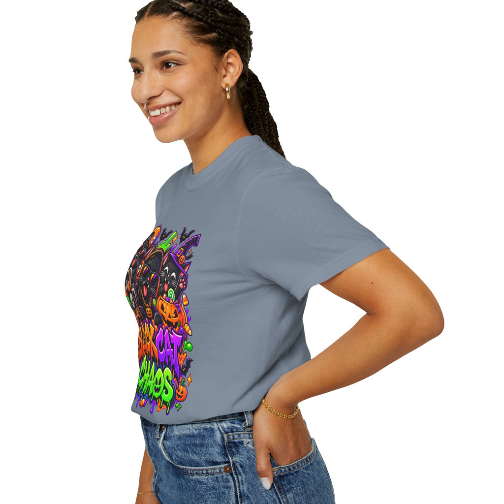 Neon Black Cat Halloween Chaos T-Shirt | Cute Spooky Cat Graphic Tee