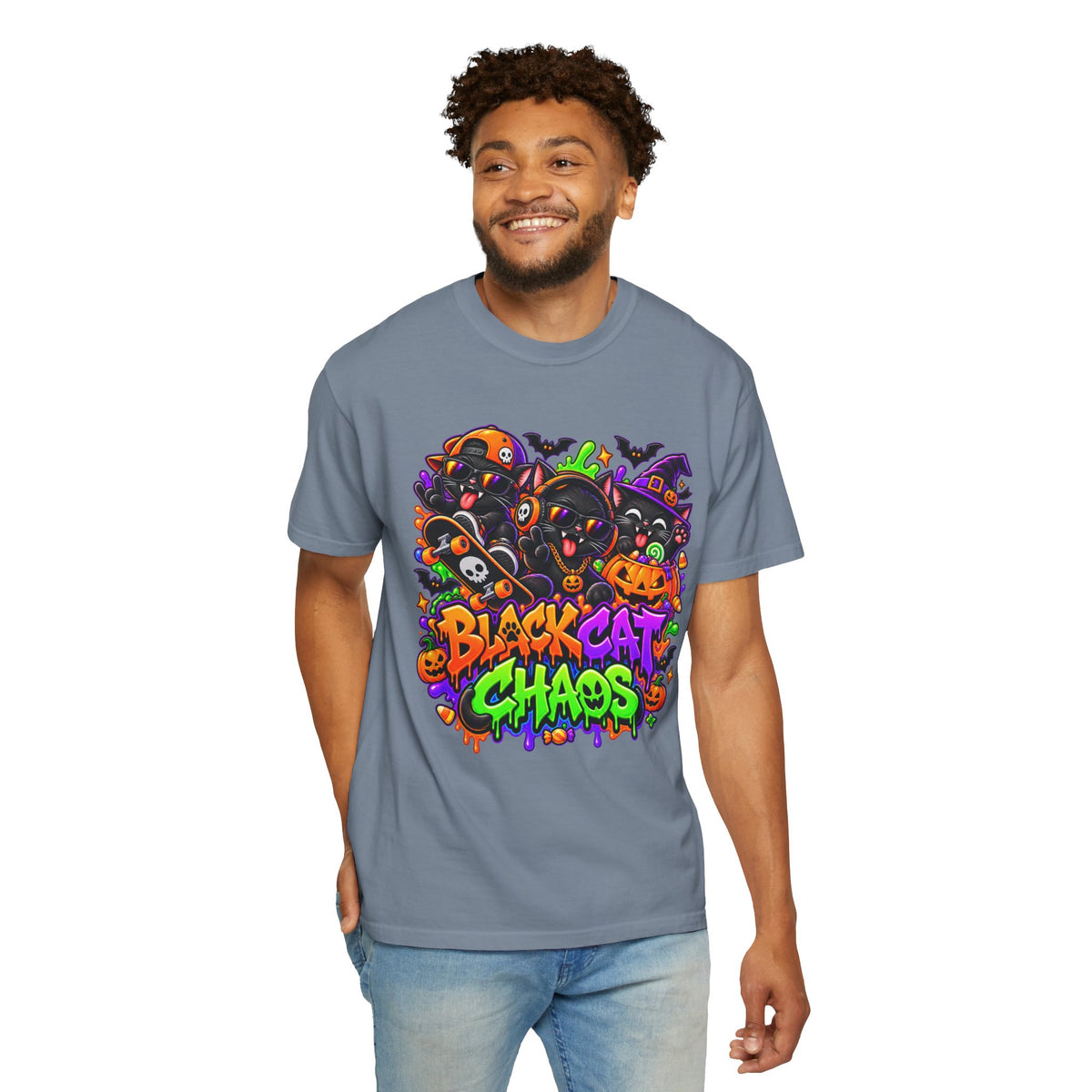 Neon Black Cat Halloween Chaos T-Shirt | Cute Spooky Cat Graphic Tee
