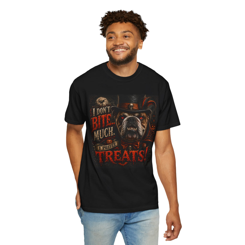 Halloween Bulldog T-Shirt — "I Don’t Bite Much… I Prefer Treats!" Graphic Tee