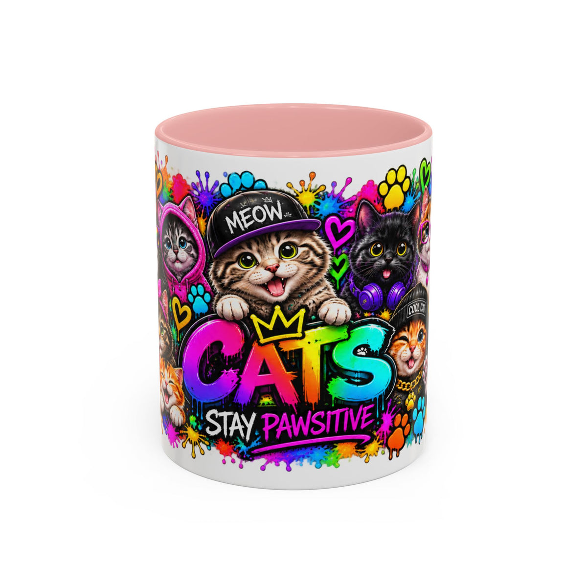 Cats Stay Pawsitive Accent Coffee Mug – Colorful Cute Cat Paw Print Design (11oz)
