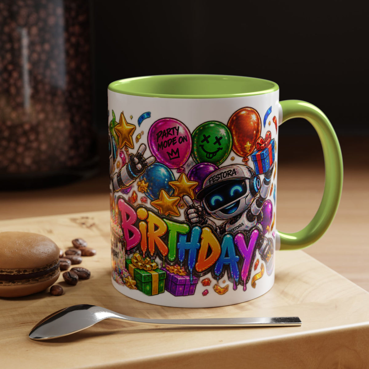 Birthday Robot Coffee Mug — Colorful Happy Birthday Accent Mug (11oz)