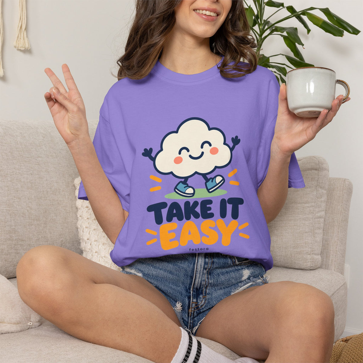 Take It Easy – Happy Cloud Graphic T-Shirt | Festora Everyday