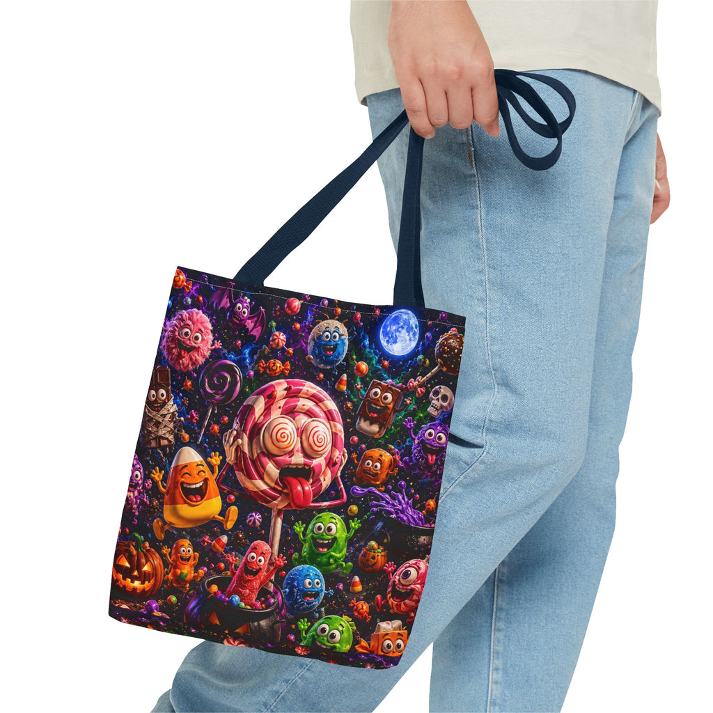 Crazy Halloween Candy Monsters Tote Bag — Colorful 3D Lolipop & Treats Design