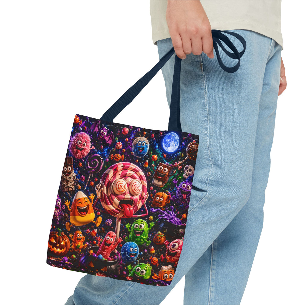 Crazy Halloween Candy Monsters Tote Bag — Colorful 3D Lolipop & Treats Design