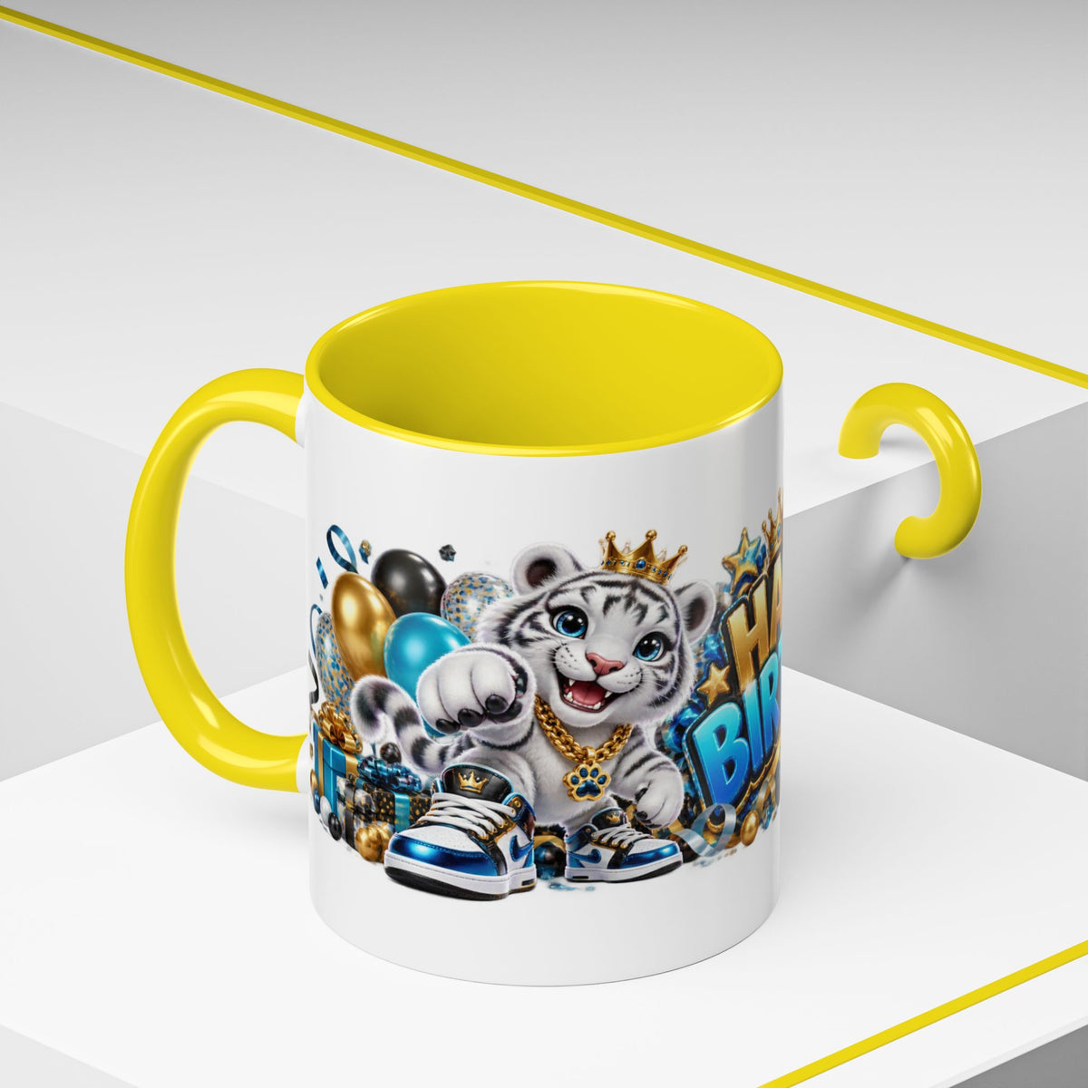 Happy Birthday White Tiger Mug – Colorful 3D Birthday Gift – White Coffee Mug