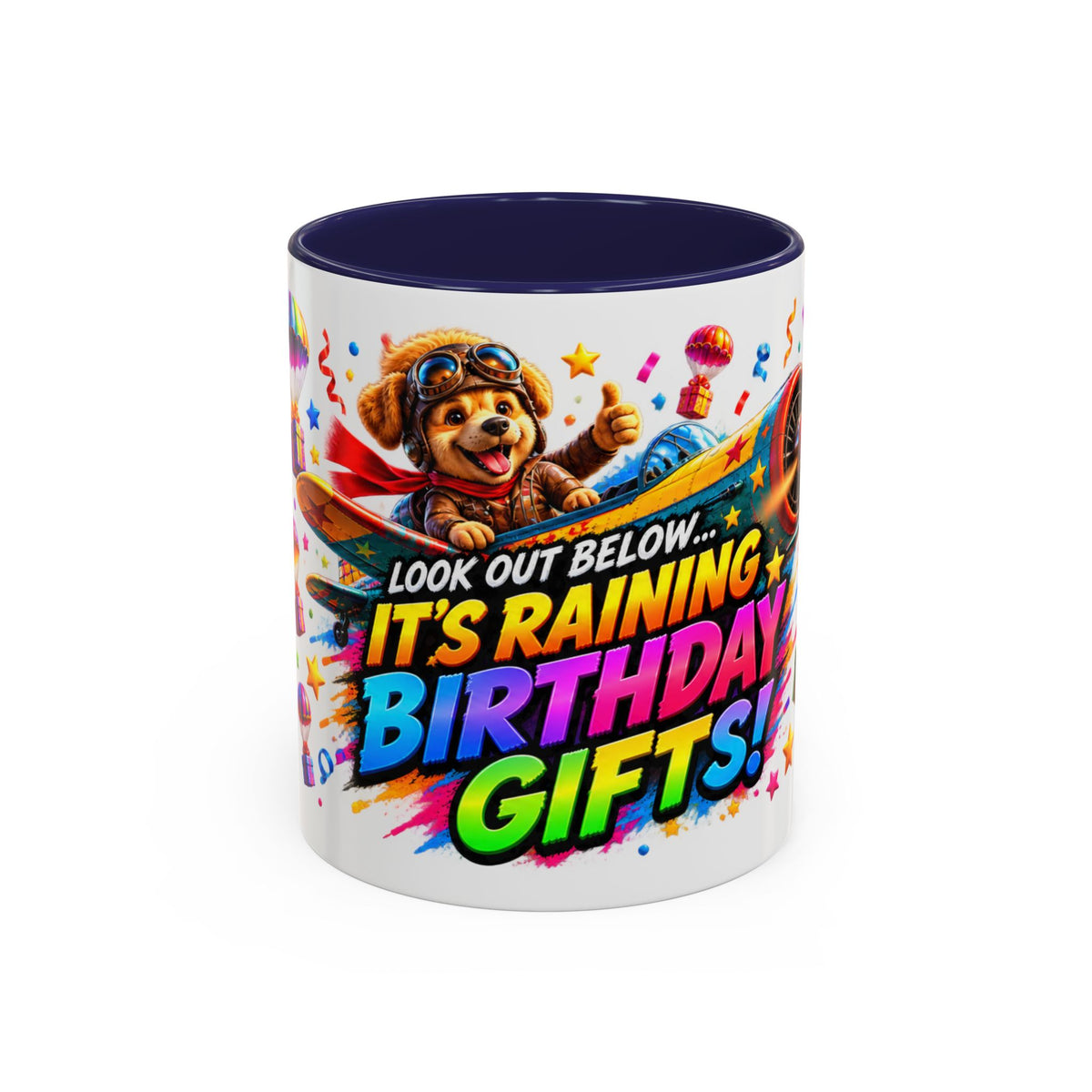 Birthday Gifts Coffee Mug — "It's Raining Birthday Gifts!" Colorful Accent Mug