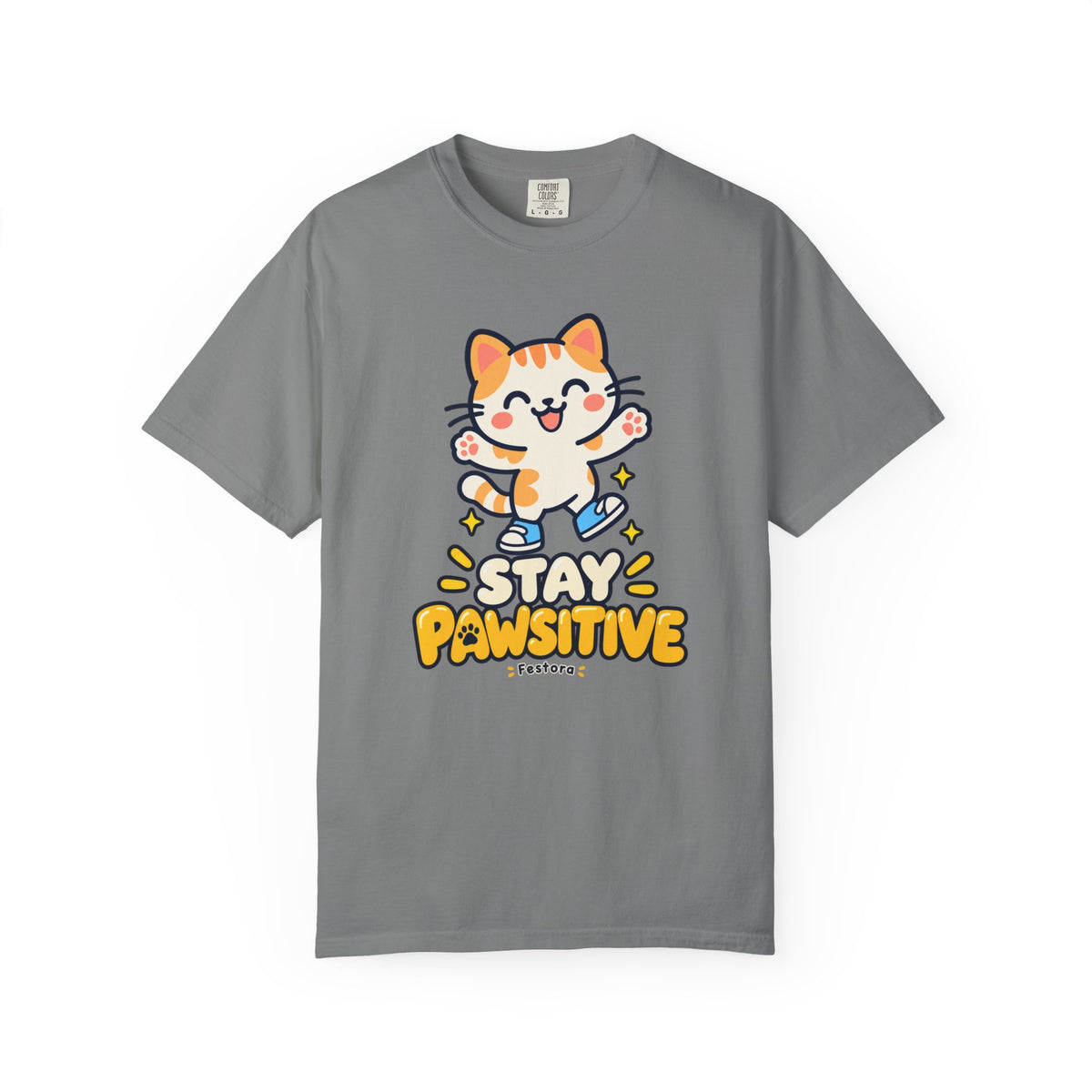 Stay Pawsitive – Cute Happy Cat Graphic T-Shirt