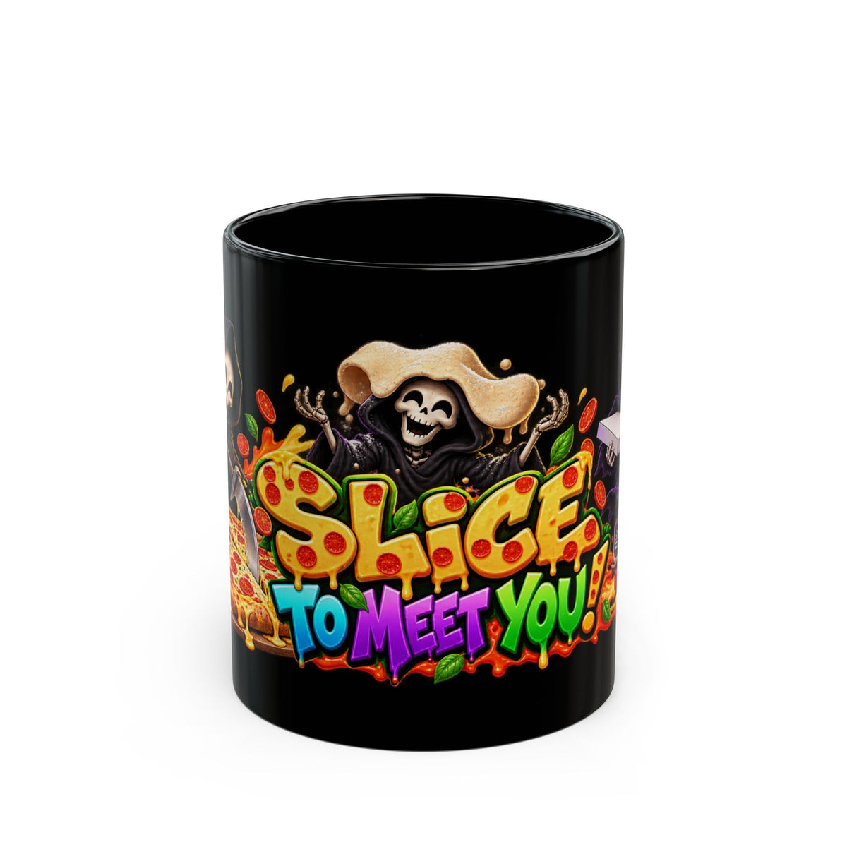 Slice to Meet You Funny Grim Reaper Pizza Halloween Black Mug