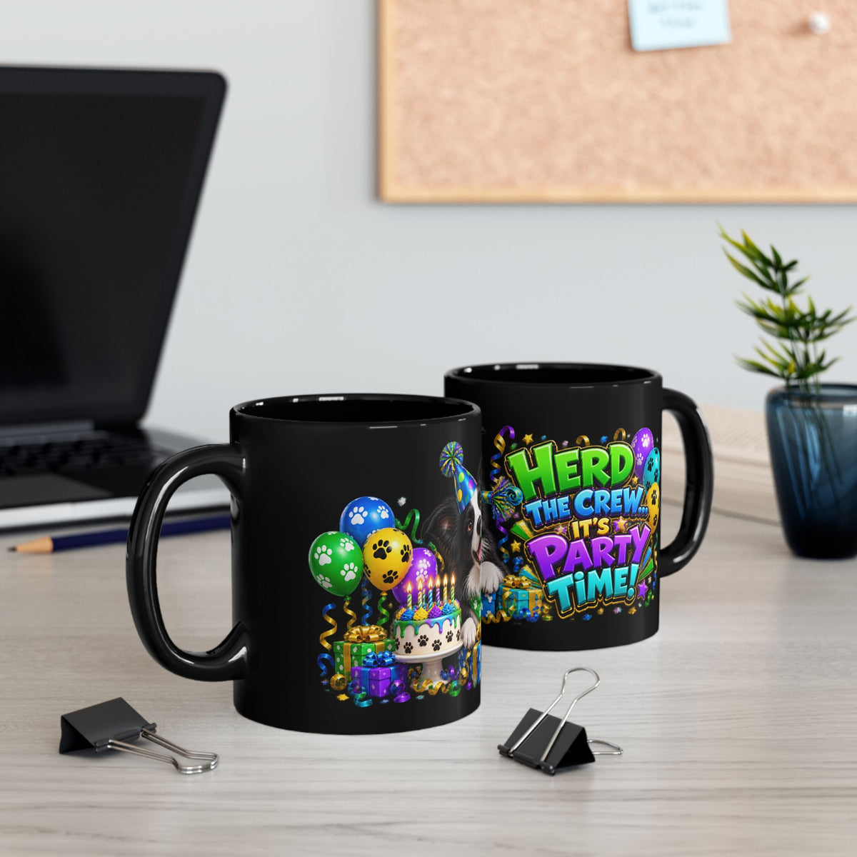 Herd the Crew Border Collie Birthday Black Mug