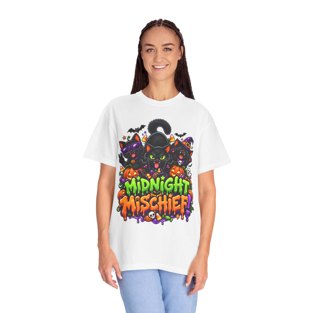 Midnight Mischief Halloween T-Shirt – Funny Black Cat Graphic Tee