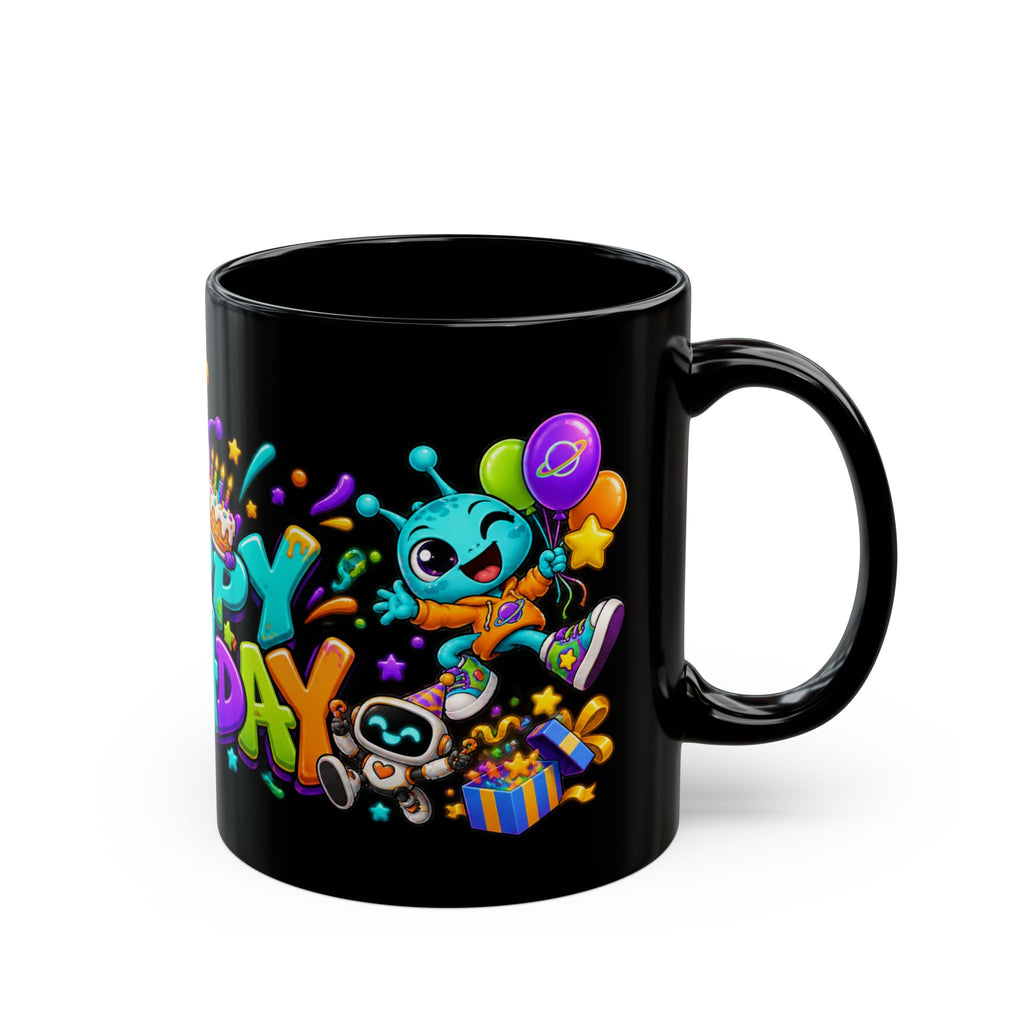 Happy Birthday Alien Mug – Colorful Space Party Mug with Cute Aliens & Robots