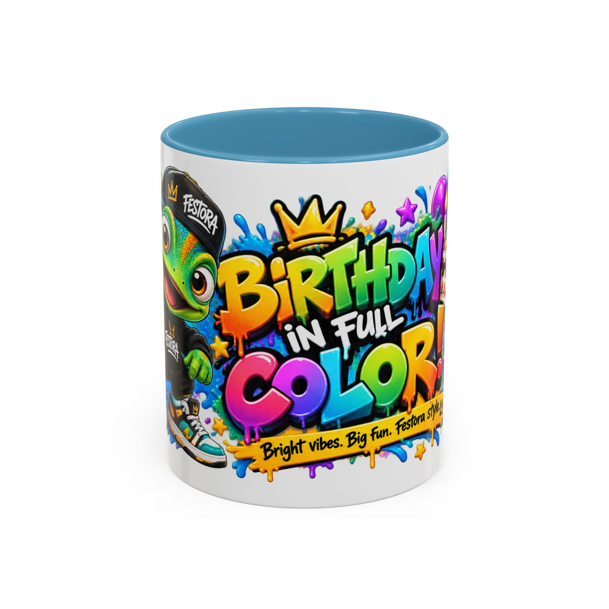 Birthday in Full Color White Ceramic Mug – Fun Colorful Birthday Coffee Cup – FestoraShop Original Design