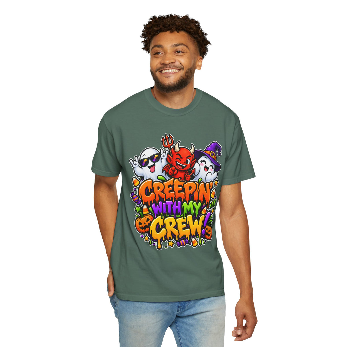 Creepin’ With My Crew Halloween T-Shirt – Colorful Funny Ghost & Devil Graphic Tee