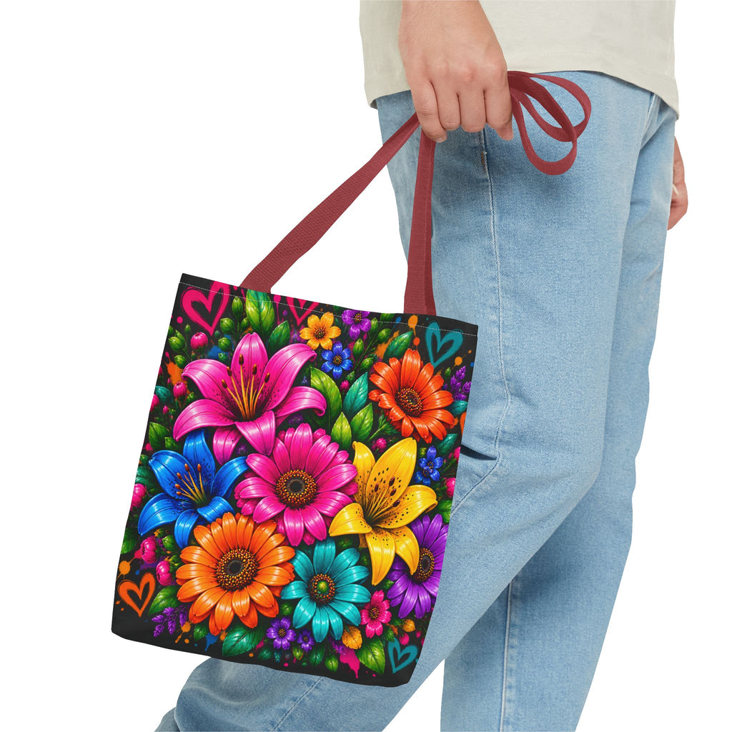Festora Floral Burst Tote Bag — Colorful Flowers on Black