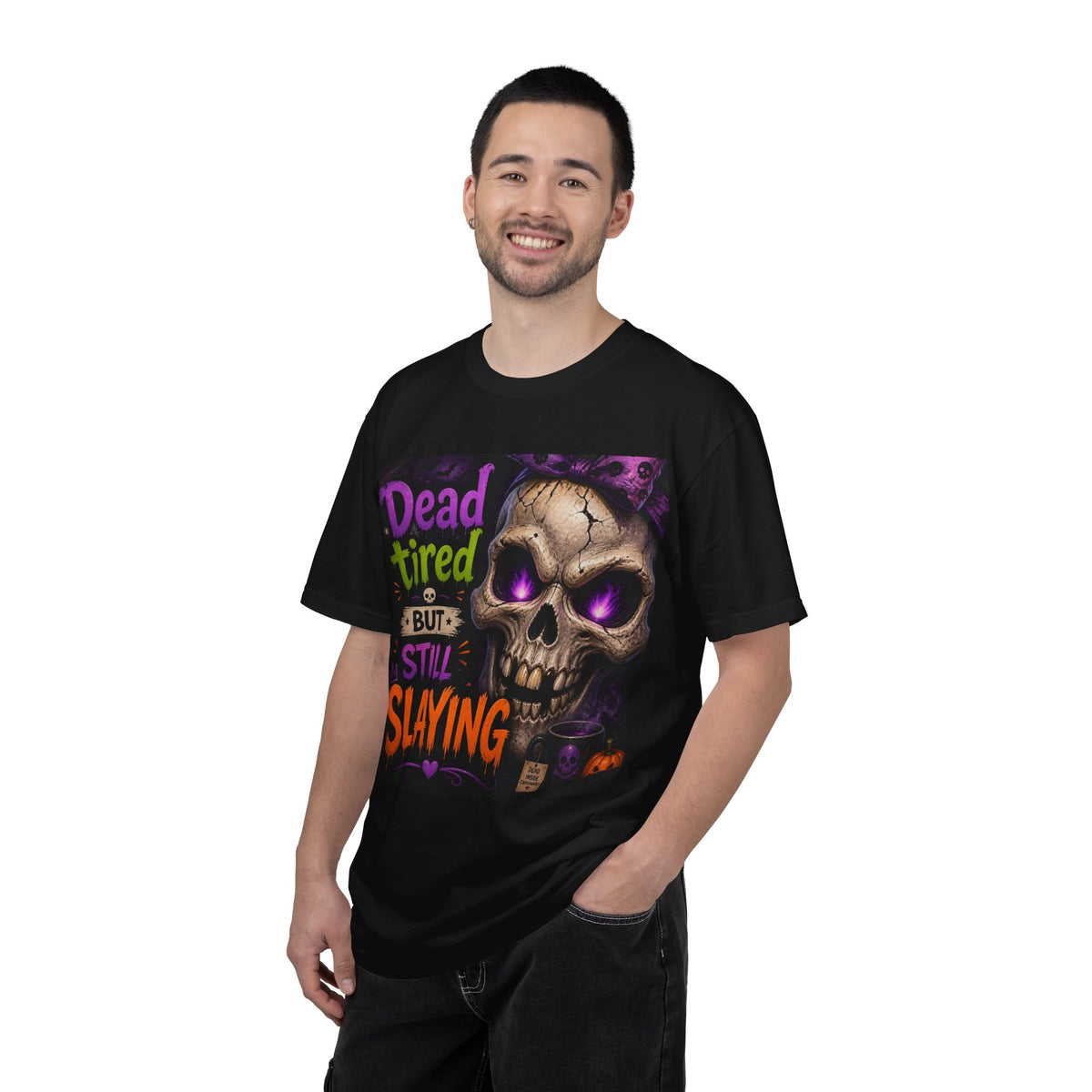 Halloween Skull Tee — “Dead Tired But Still Slaying” Graphic T-Shirt