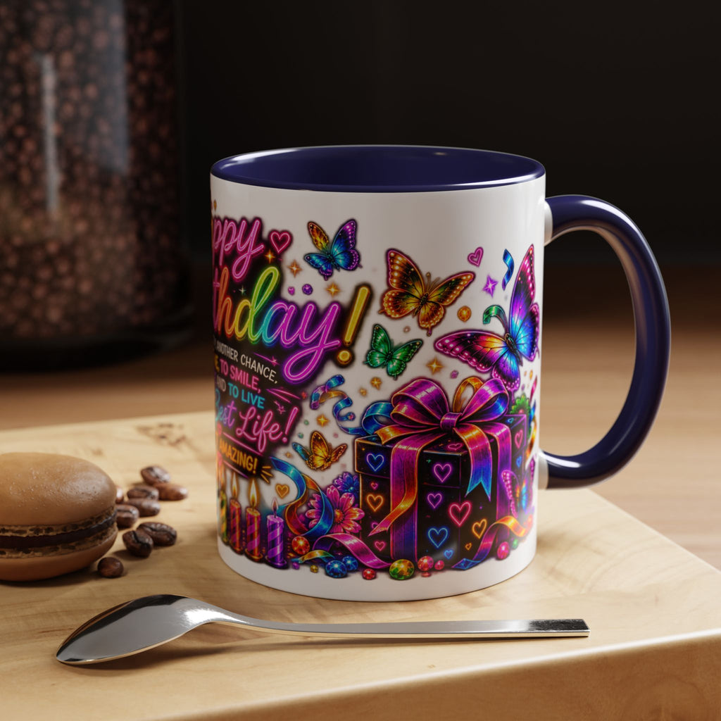 Birthday Coffee Mug – Colorful "Happy Birthday" Gift Mug with Butterflies & Candles