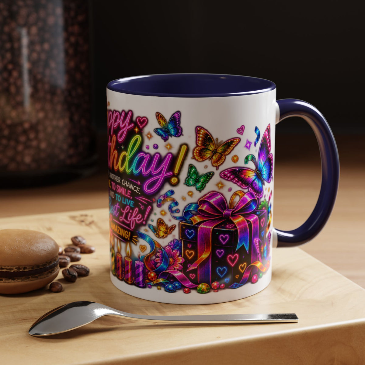 Birthday Coffee Mug – Colorful "Happy Birthday" Gift Mug with Butterflies & Candles
