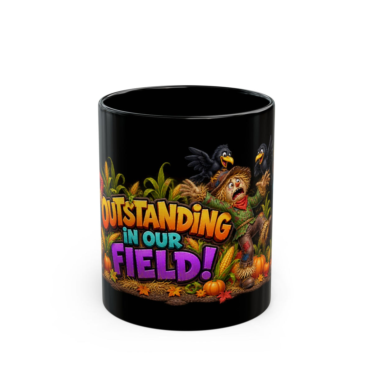 Outstanding in Our Field Halloween Mug – Fall Scarecrow Pumpkin Coffee Cup (11oz/15oz)