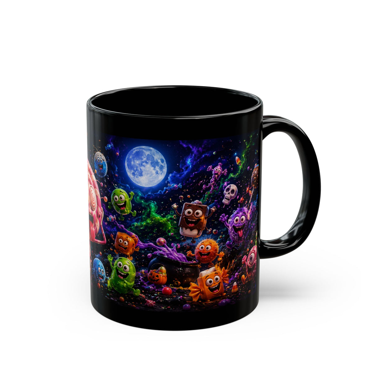 Spooky Candy Monsters Black Mug — Cute Moonlit Halloween Candy Moon Coffee Cup (11oz/15oz)