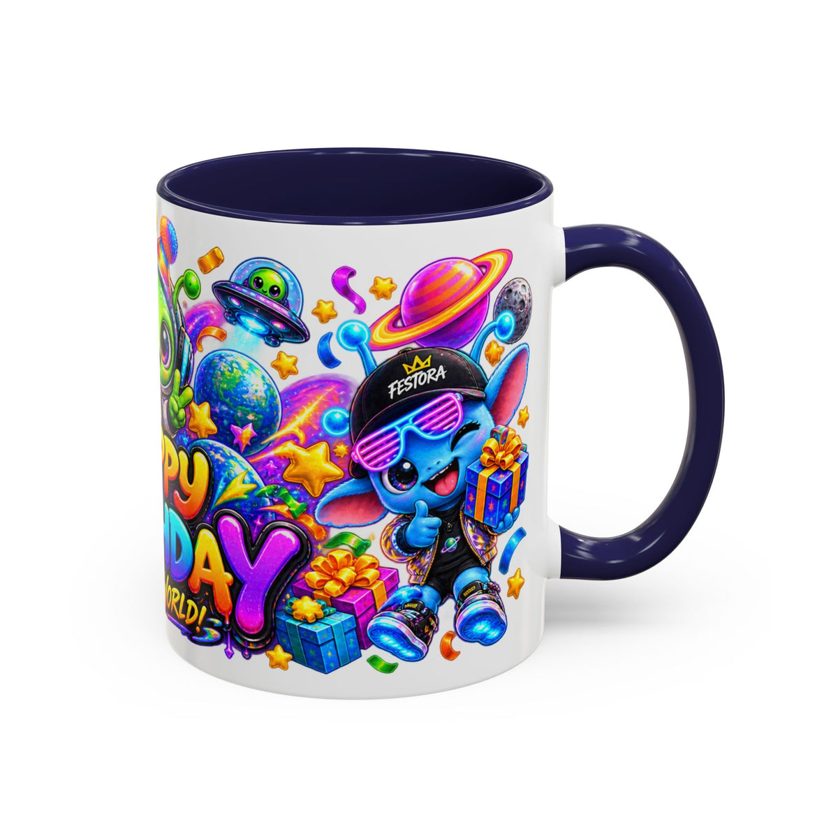 Happy Birthday Out of This World Accent Mug — Cute Alien Space Birthday Coffee Cup (11oz)