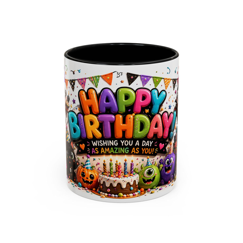Happy Birthday Accent Coffee Mug — Colorful 3D Birthday Party Design (11/15oz)