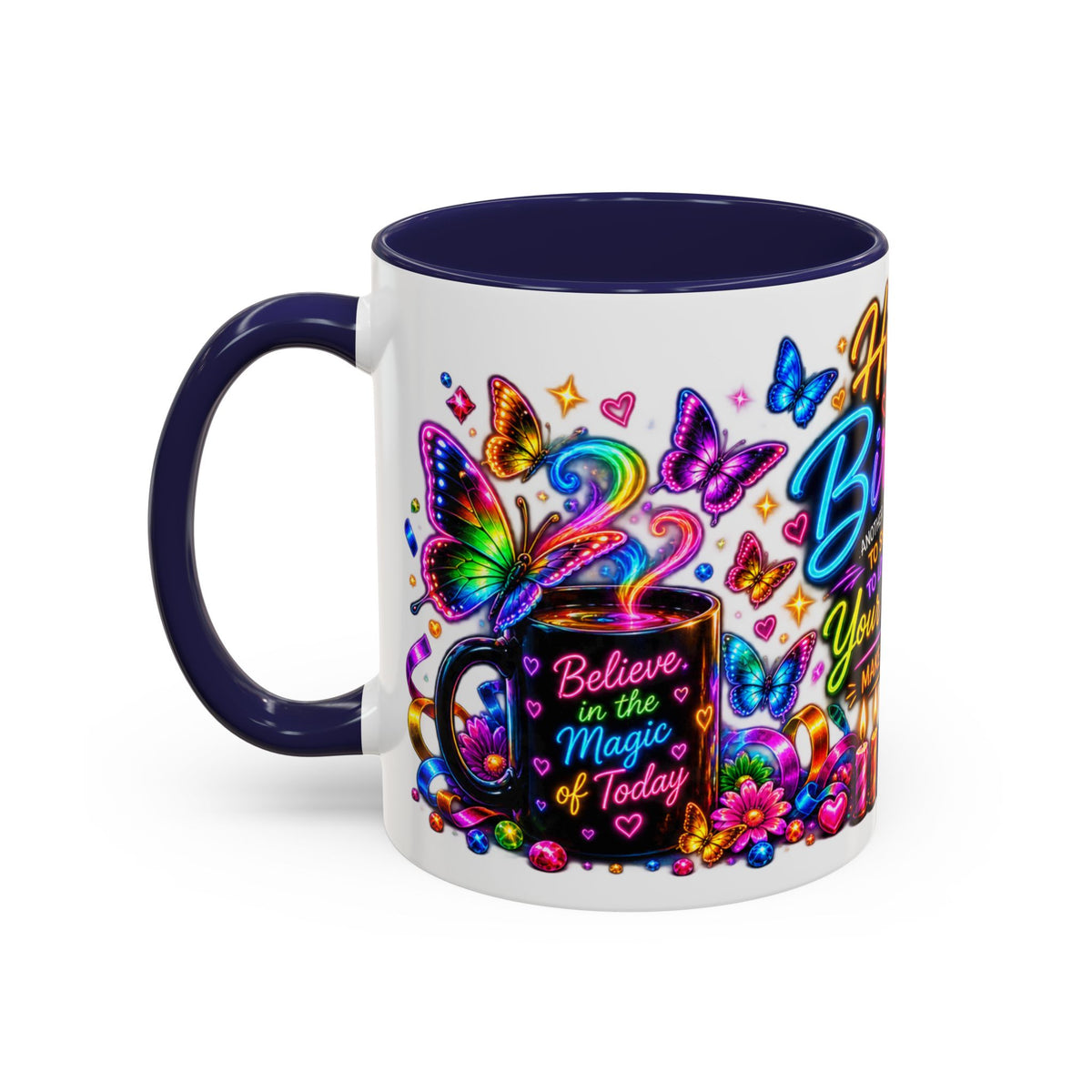 Birthday Coffee Mug – Colorful "Happy Birthday" Gift Mug with Butterflies & Candles