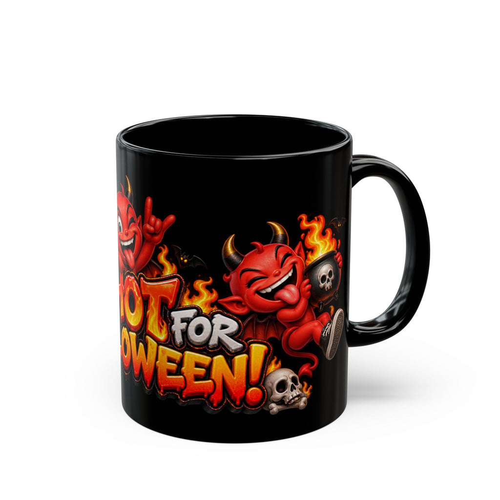 Too Hot for Halloween Black Mug – Funny Devils, Flames & Spooky Design