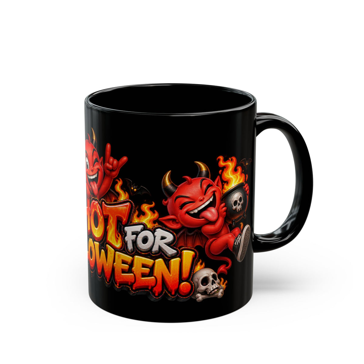 Too Hot for Halloween Black Mug – Funny Devils, Flames & Spooky Design