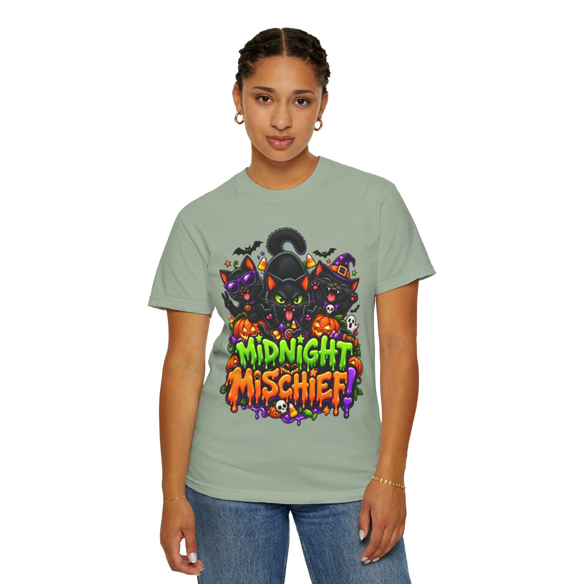 Midnight Mischief Halloween T-Shirt – Funny Black Cat Graphic Tee