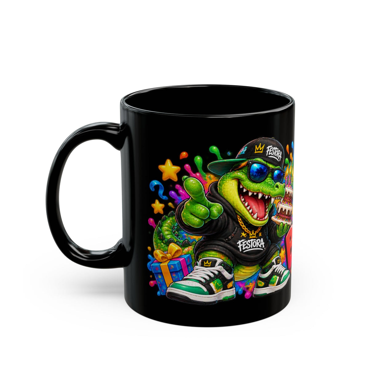 CHOMP INTO YOUR BIRTHDAY! Black Ceramic Mug – Funny Crocodile Birthday Coffee Cup – Colorful Party Gift – Original FestoraShop Design