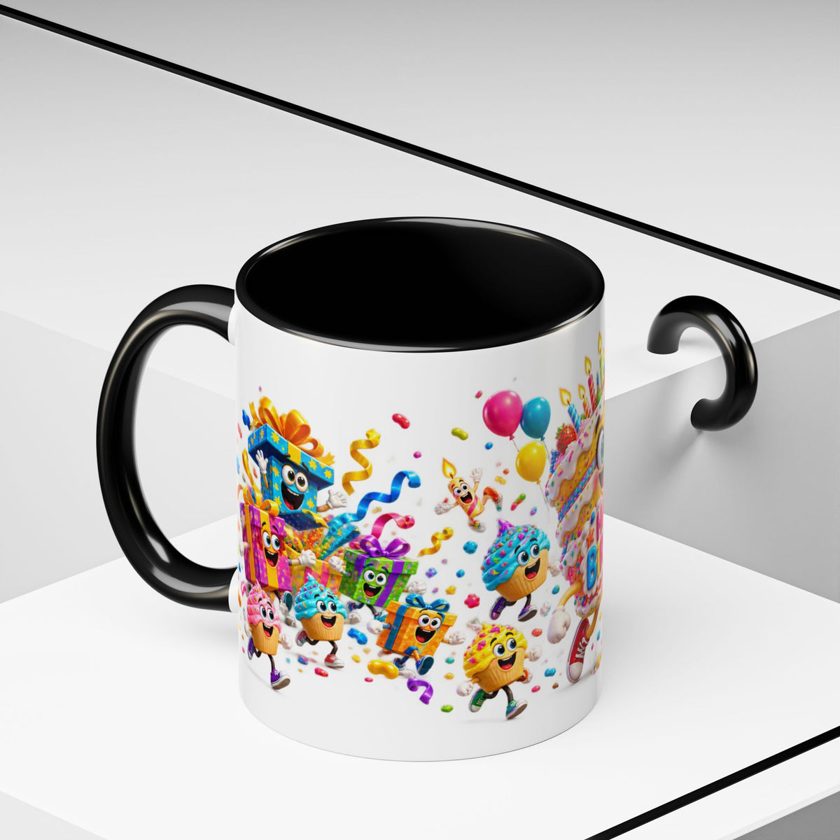 Birthday Party Coffee Mug – Colorful Happy Birthday Cake & Balloon Design (11/15oz Accent Mug)