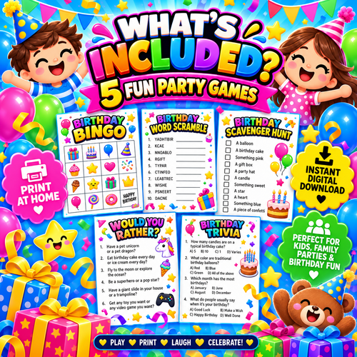 Birthday Party Challenge Pack – 5 Fun Printable Games | Instant Digital Download