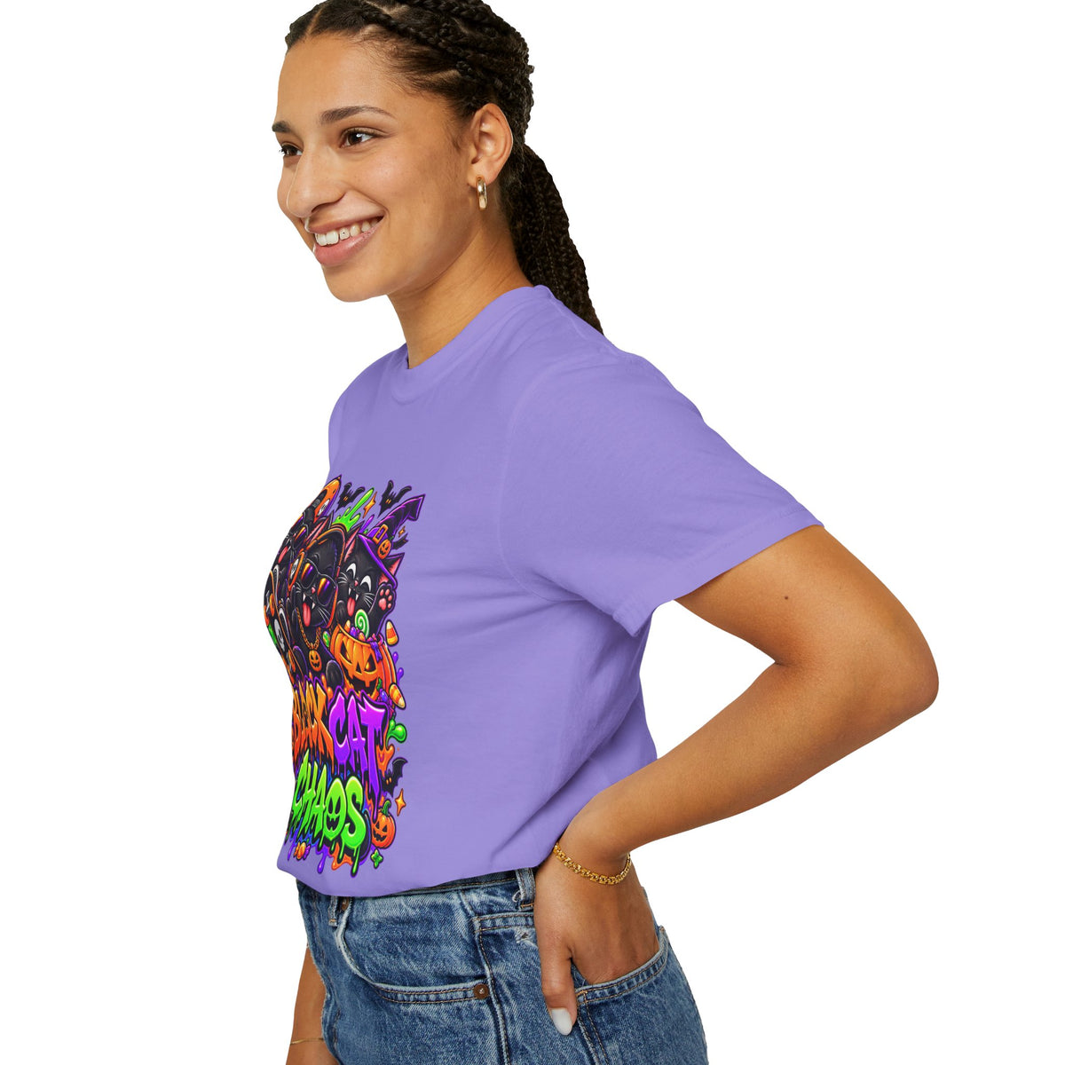 Neon Black Cat Halloween Chaos T-Shirt | Cute Spooky Cat Graphic Tee