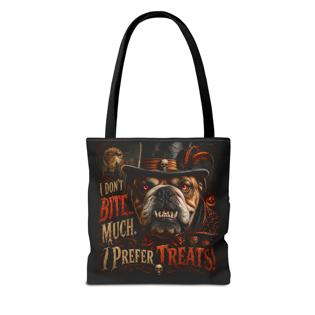 Halloween Bulldog Tote Bag — "I Don't Bite Much, I Prefer Treats" Candy‑Lovers Reusable Bag