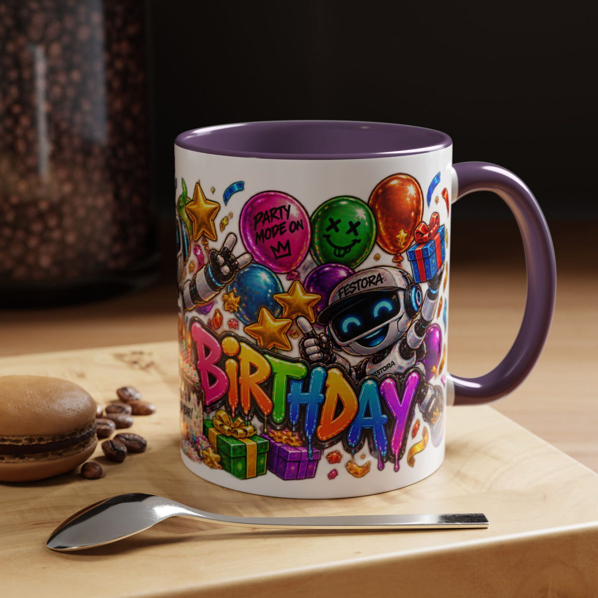 Birthday Robot Coffee Mug — Colorful Happy Birthday Accent Mug (11oz)