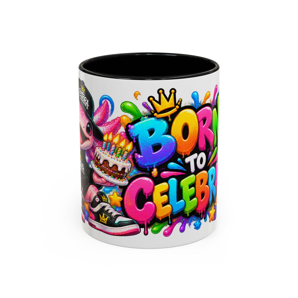 BORN TO CELEBRATE! White Ceramic Mug – Cute Axolotl Birthday Coffee Cup – Colorful Party Gift – Original FestoraShop Design
