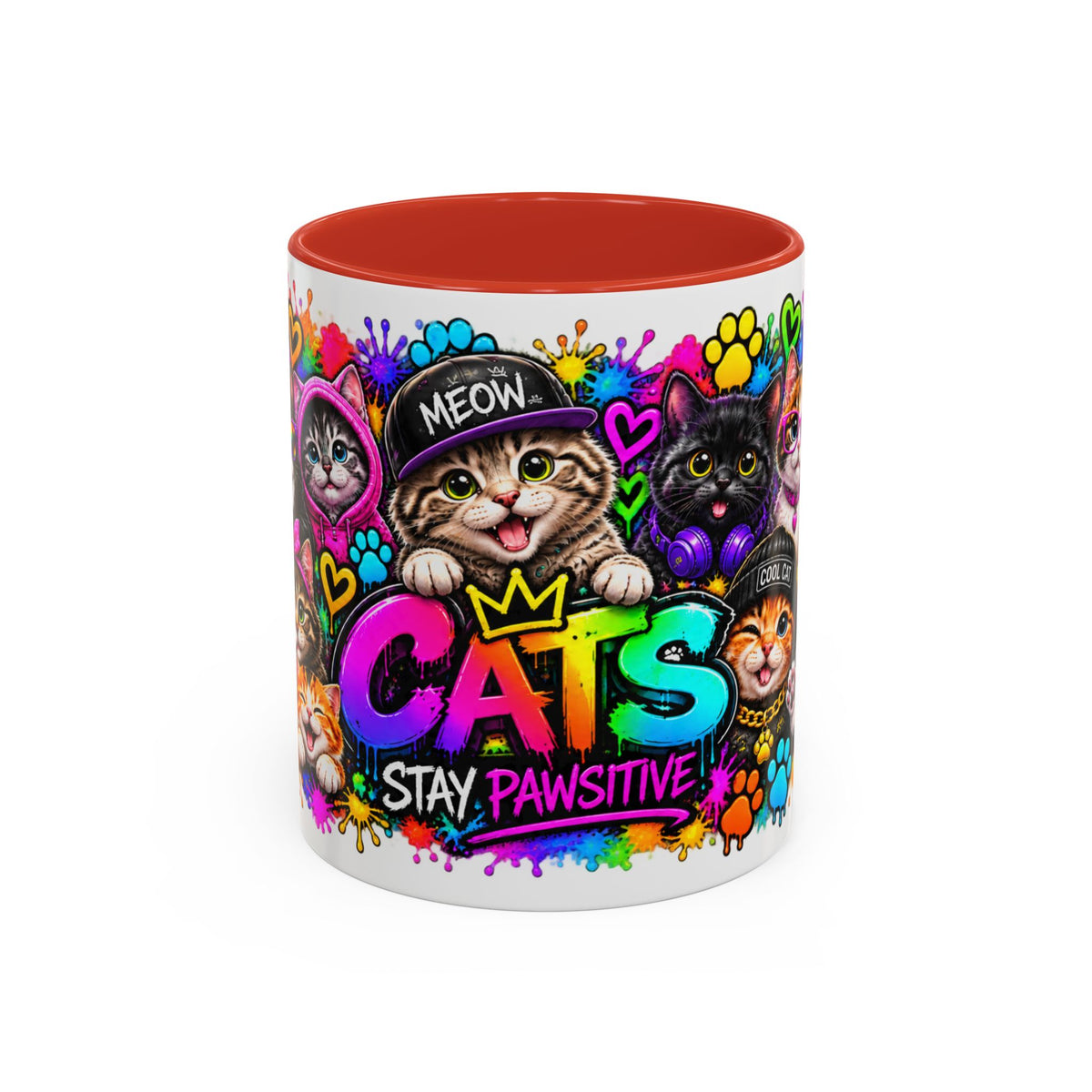 Cats Stay Pawsitive Accent Coffee Mug – Colorful Cute Cat Paw Print Design (11oz)